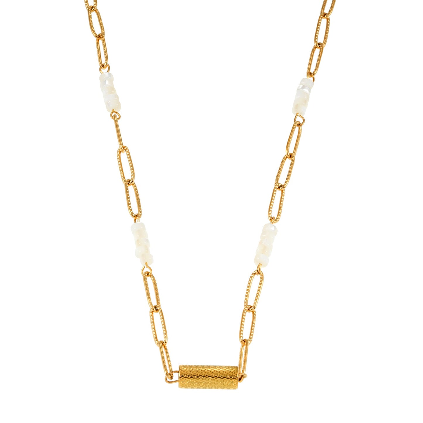 SEDONA Necklace: Natural Shell & Gold Paper-Clip Chain Combination with an Art Deco Pendent