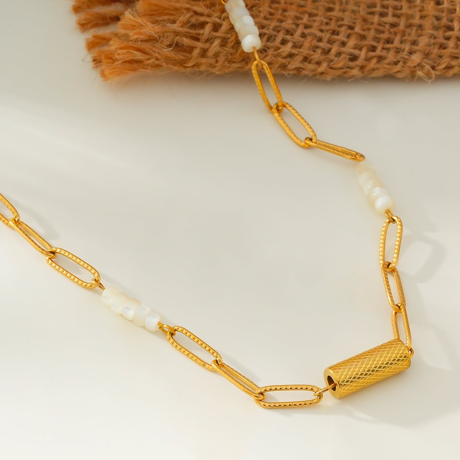 SEDONA Necklace: Natural Shell & Gold Paper-Clip Chain Combination with an Art Deco Pendent