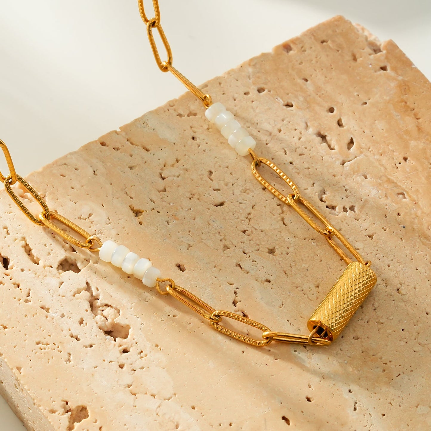 SEDONA Necklace: Natural Shell & Gold Paper-Clip Chain Combination with an Art Deco Pendent