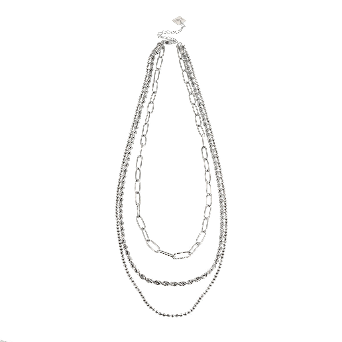 SELENE: Triple Layer Mixed Chain Silver Necklace