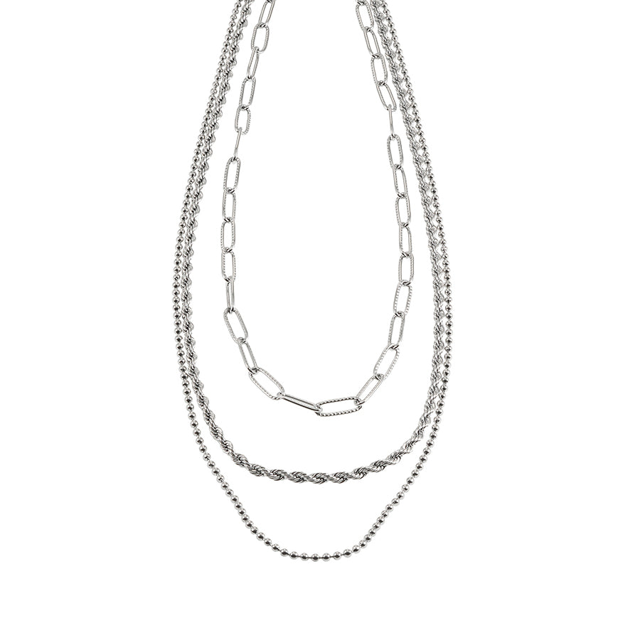 SELENE: Triple Layer Mixed Chain Silver Necklace