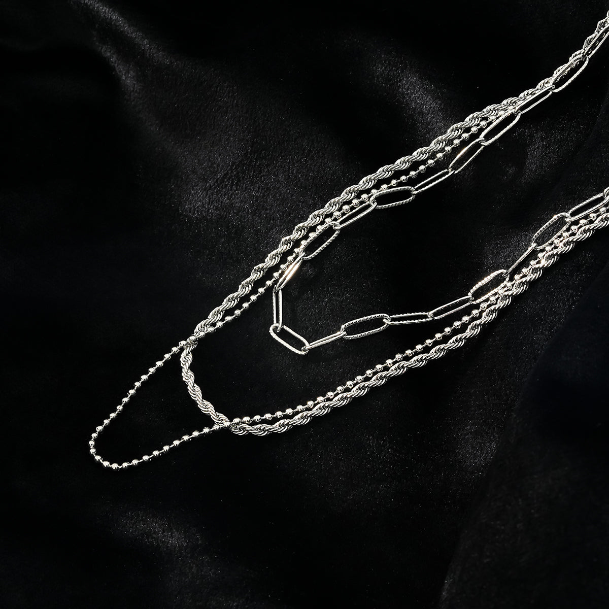 SELENE: Triple Layer Mixed Chain Silver Necklace