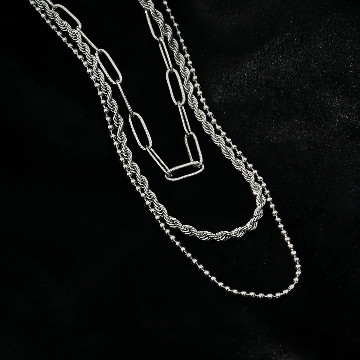 SELENE: Triple Layer Mixed Chain Silver Necklace