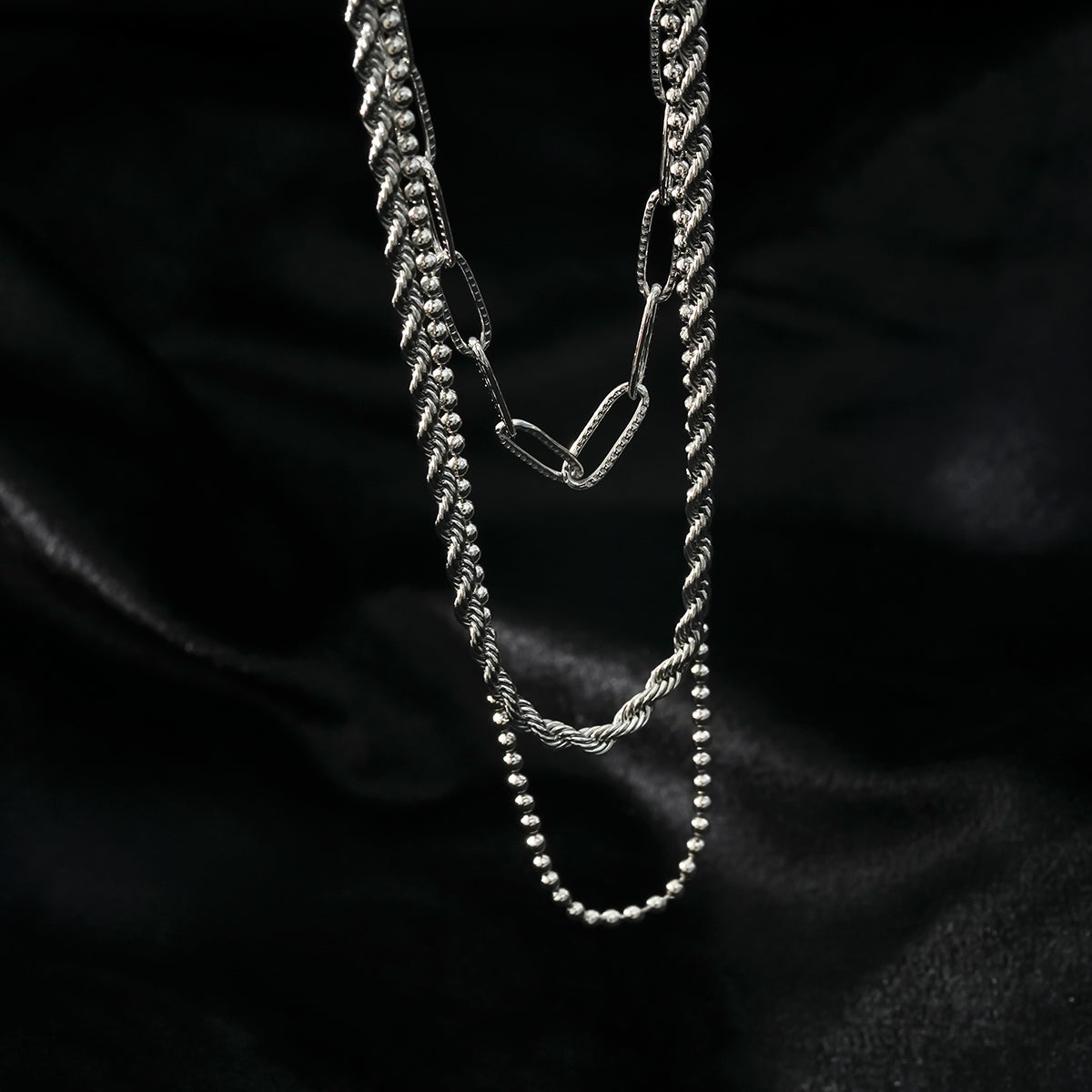 SELENE: Triple Layer Mixed Chain Necklace in Silver Toned White Gold