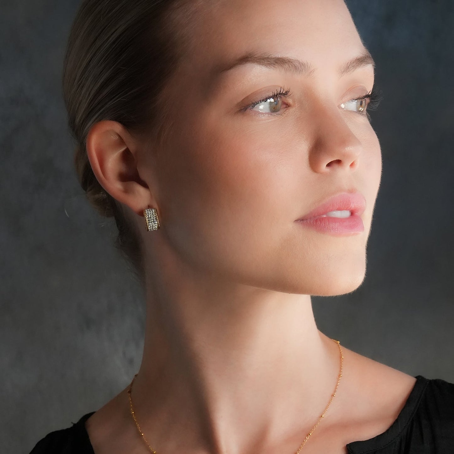 SHEERAN Gold: Quadruple-Row Pavé Zirconia (CZ) Hoop Stud Earrings with Ornate Border
