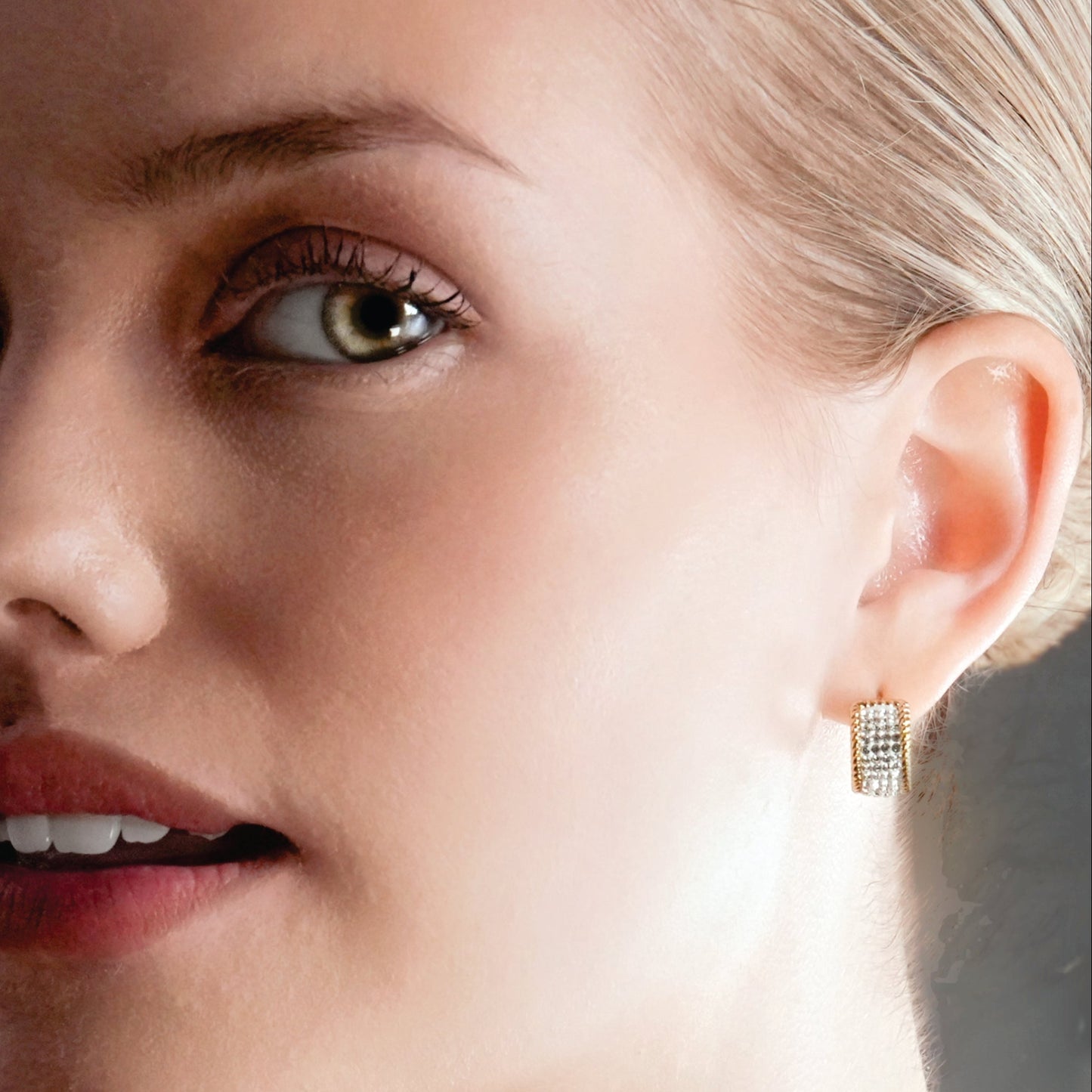 SHEERAN Gold: Quadruple-Row Pavé Zirconia (CZ) Hoop Stud Earrings with Ornate Border