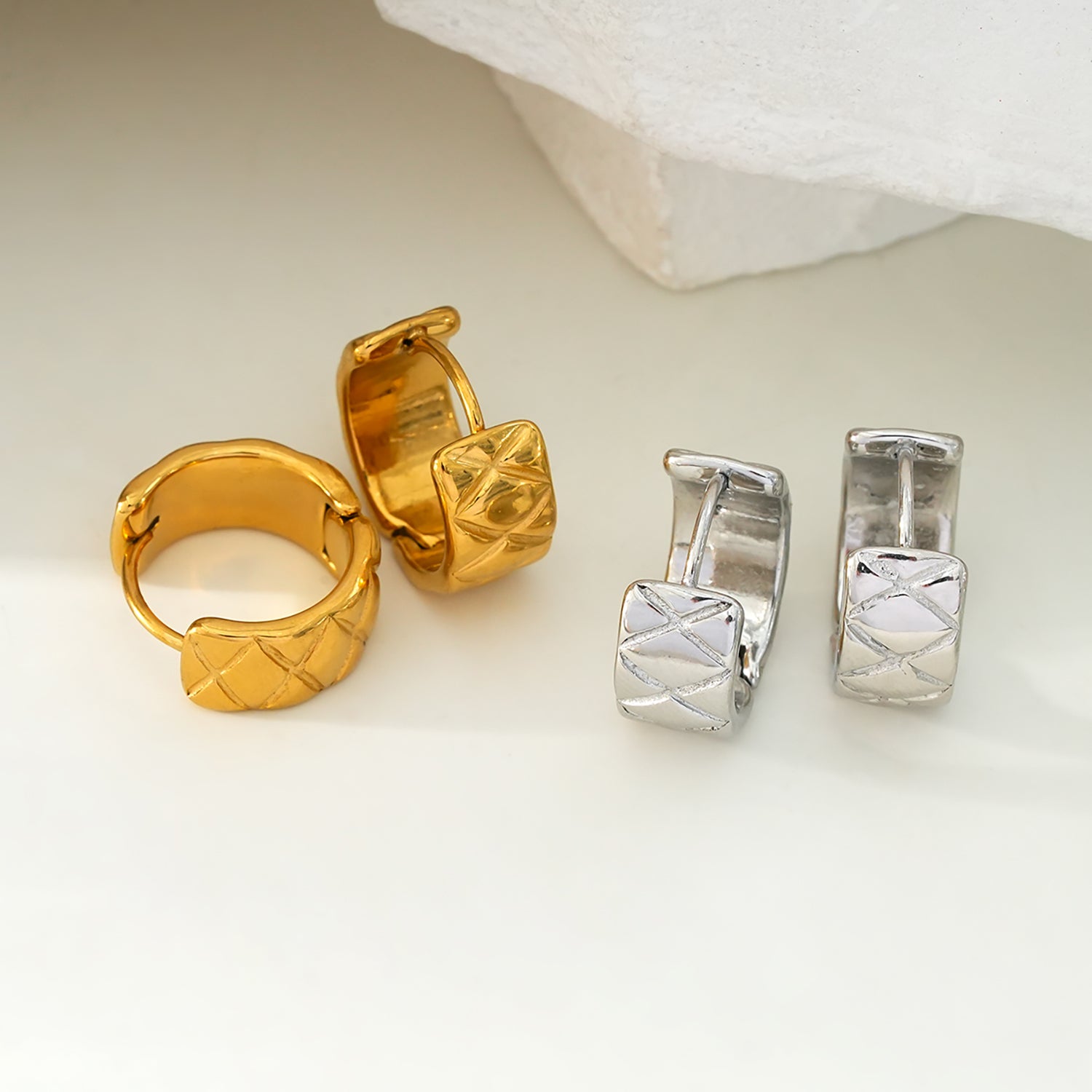 SHELBURNE: Decorative Etched Wide Mini Hoop Earrings in Gold & White Gold (Silver Toned)