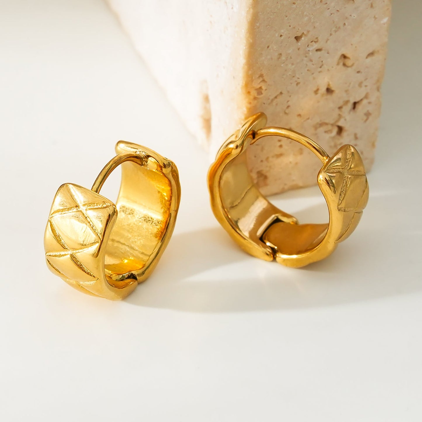 SHELBURNE: Decorative Etched Wide Mini Hoop Earrings in Gold