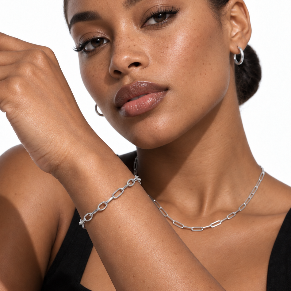 SIONA Silver (White Gold): Textured Link Bracelet – Minimalist Everyday Jewellery