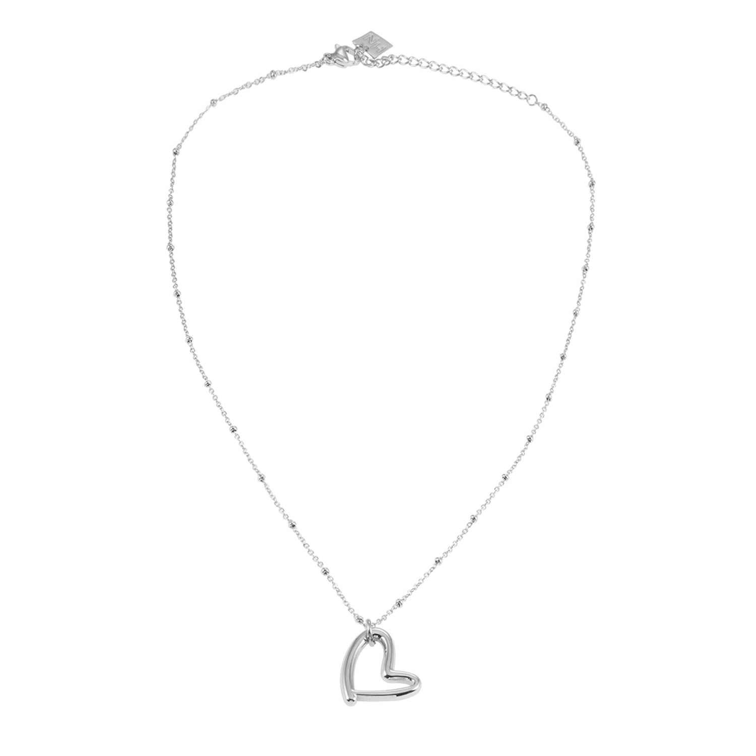 Style SMITTEN: Dainty Beaded Chain Anchoring an Abstract Heart Shaped Pendant in White Gold (Silver Toned)