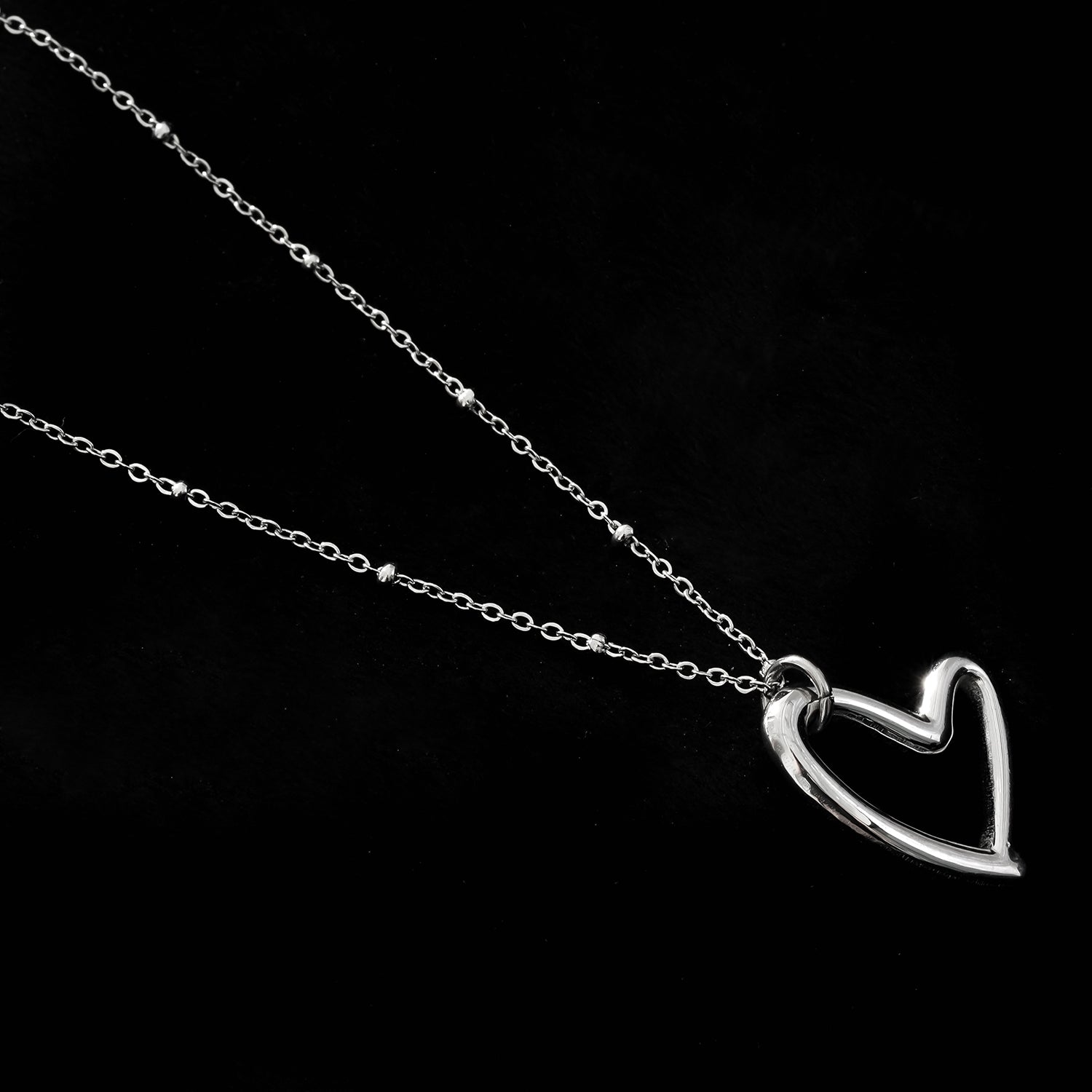 Style SMITTEN: Dainty Beaded Chain Anchoring an Abstract Heart Shaped Pendant in White Gold (Silver Toned)