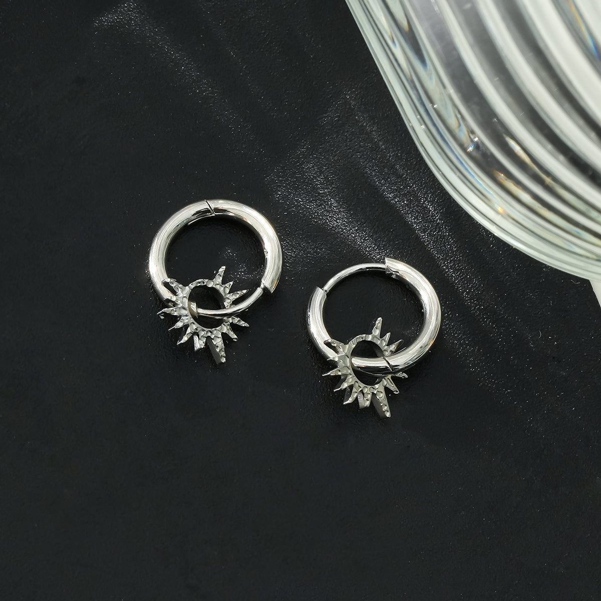 SONNE White Gold (Silver Toned): Vintage Inspired Hoops with Textured Star Charms