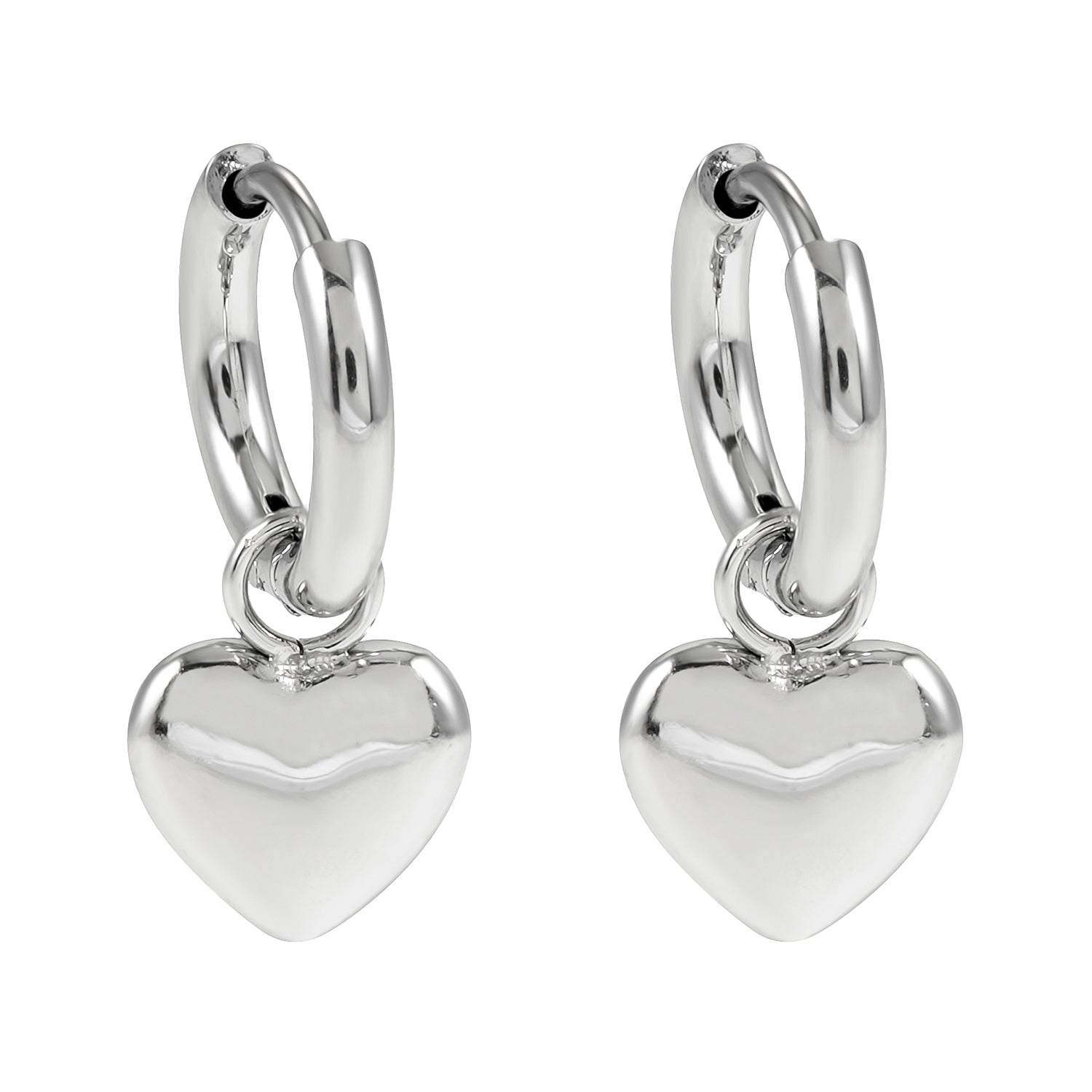 Mini Hoop Earrings Anchoring a Heart Shaped Charm - Style STOWE in Silver Toned White Gold