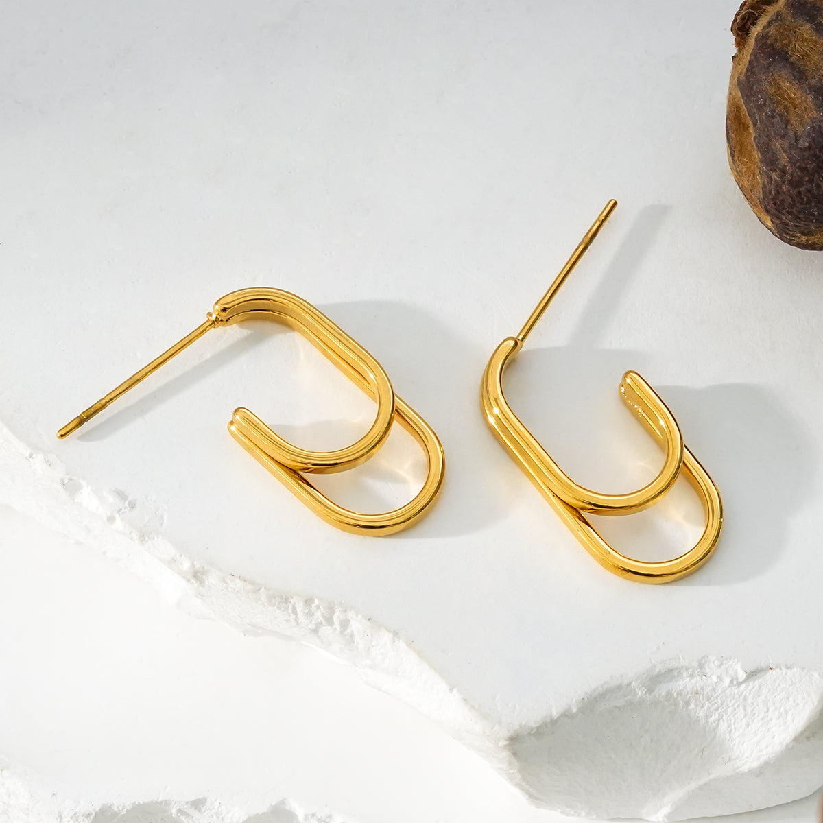 St SIMON Gold: Rounded Corners Double Rectangle Hoop Earrings