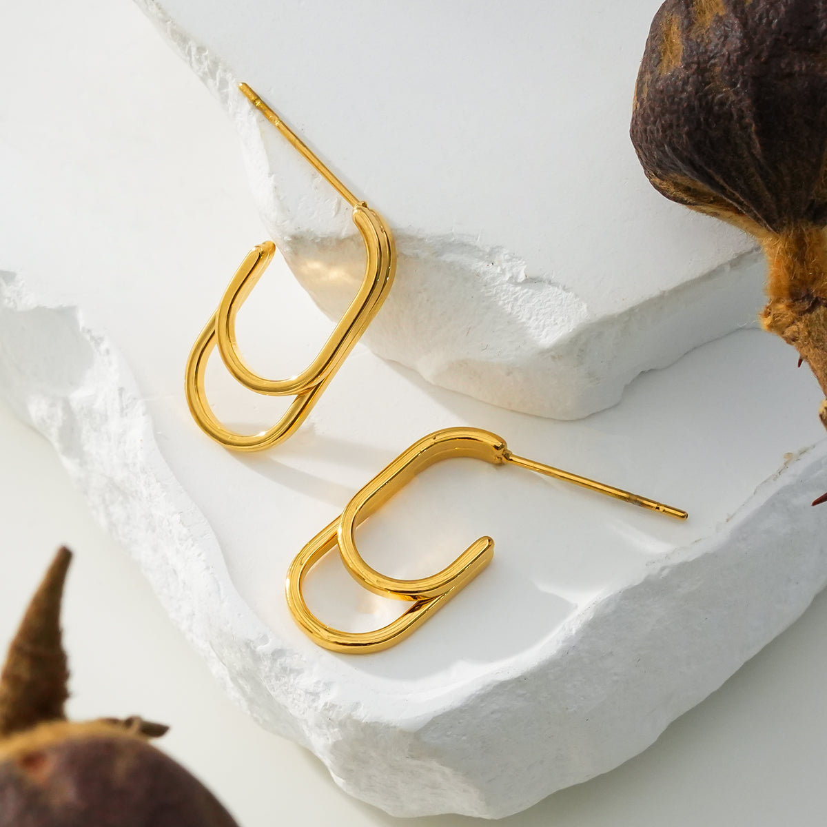 St SIMON Gold: Rounded Corners Double Rectangle Hoop Earrings