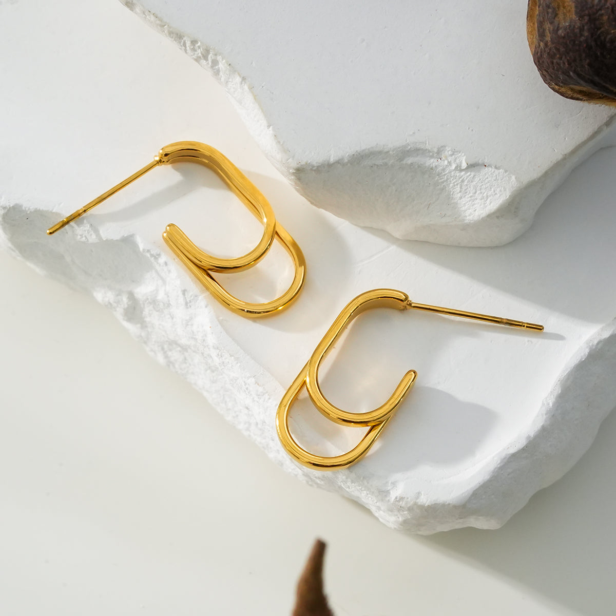 St SIMON Gold: Rounded Corners Double Rectangle Hoop Earrings