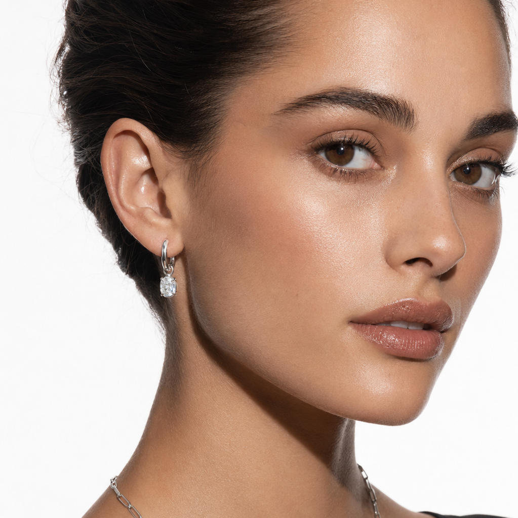 Mini Hoop Earrings Anchoring an Encased Zirconia (CZ) Charm - Style SEDONA in Silver Toned White Gold