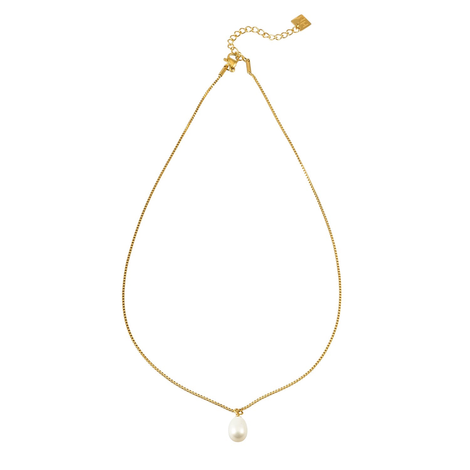 SZILVIA Gold: Minimalist Chic - Mini Box Chain Necklace with Freshwater Pearl Charm