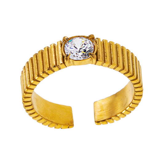 TALA: Art-Deco Style Textured Band Ring with a Round Zirconia Centerpiece