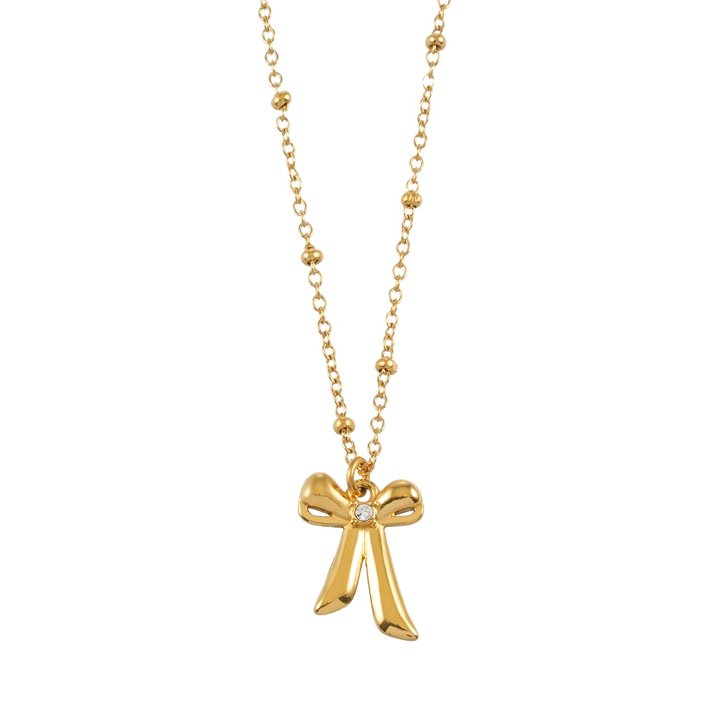 TALIANA Gold: Dainty Beaded Chain Necklace with Bow Pendant & Solitaire Zirconia – Elegant Everyday Jewelry