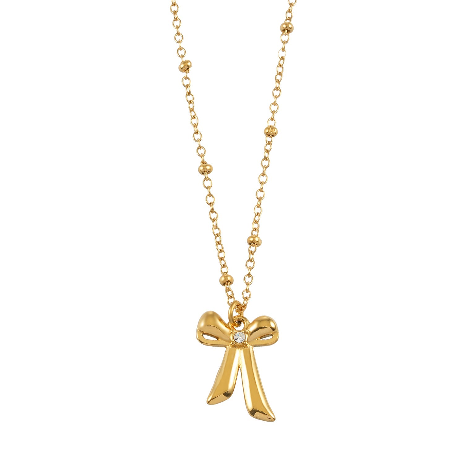 TALIANA Gold: Dainty Beaded Chain Necklace with Bow Pendant & Solitaire Zirconia – Elegant Everyday Jewelry