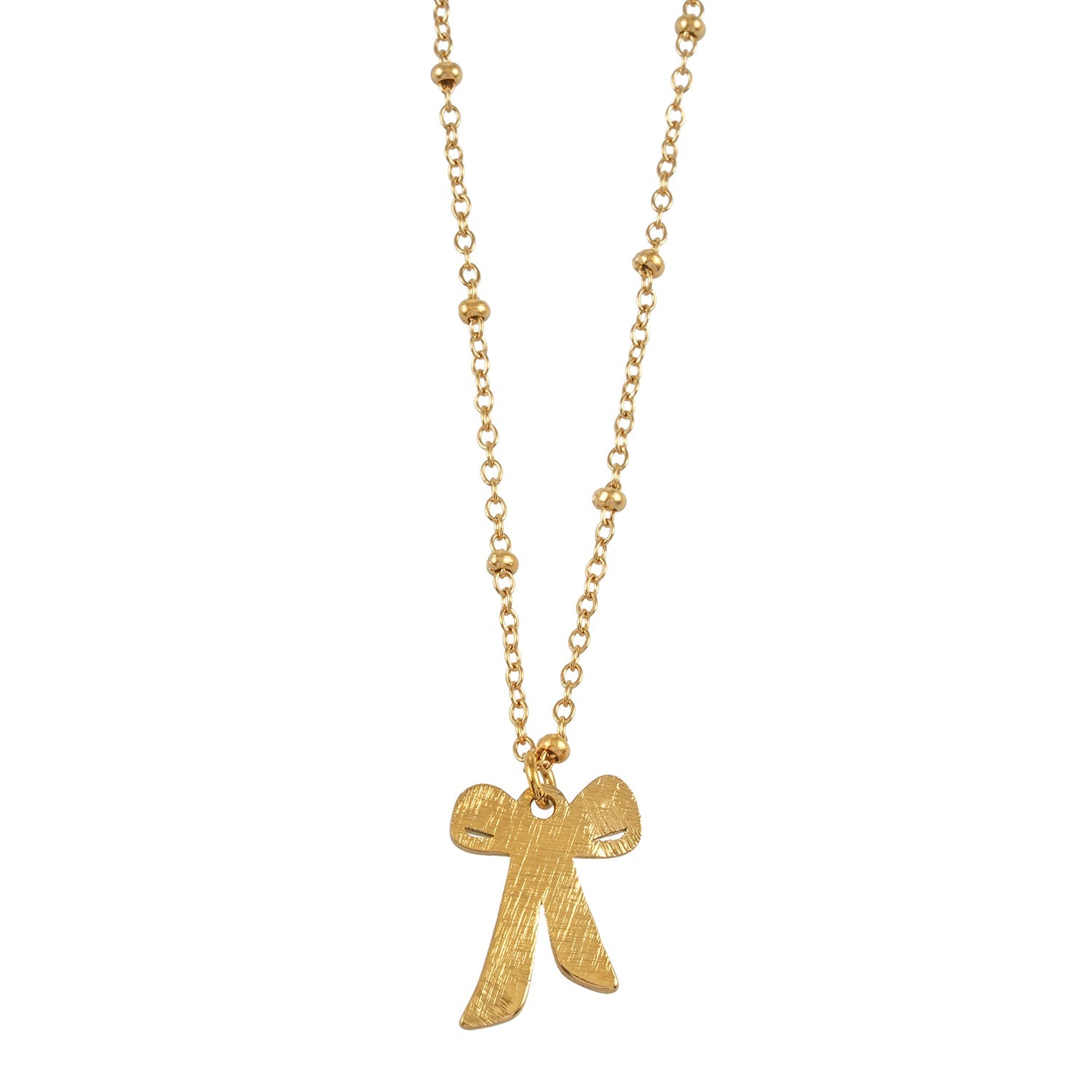 TALIANA Gold: Dainty Beaded Chain Necklace with Bow Pendant & Solitaire Zirconia – Elegant Everyday Jewelry