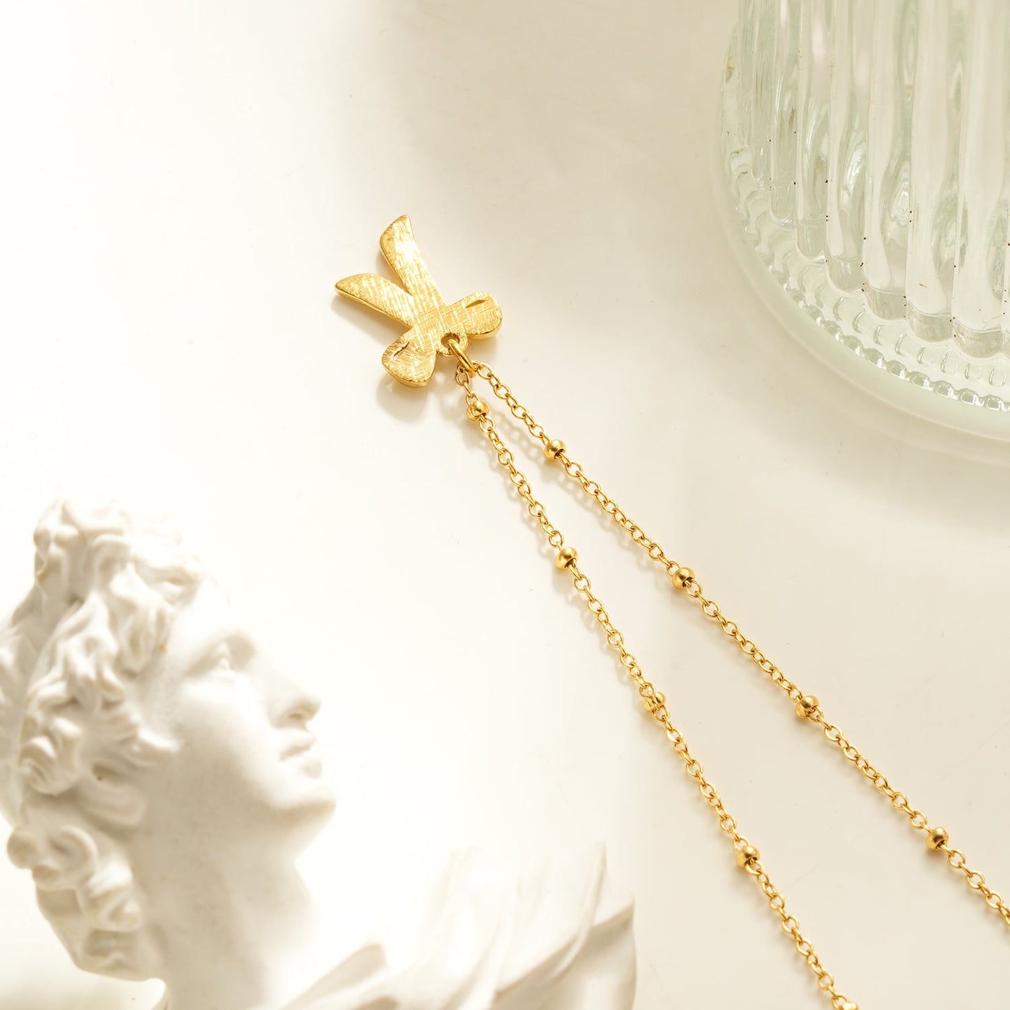 TALIANA Gold: Dainty Beaded Chain Necklace with Bow Pendant & Solitaire Zirconia – Elegant Everyday Jewelry