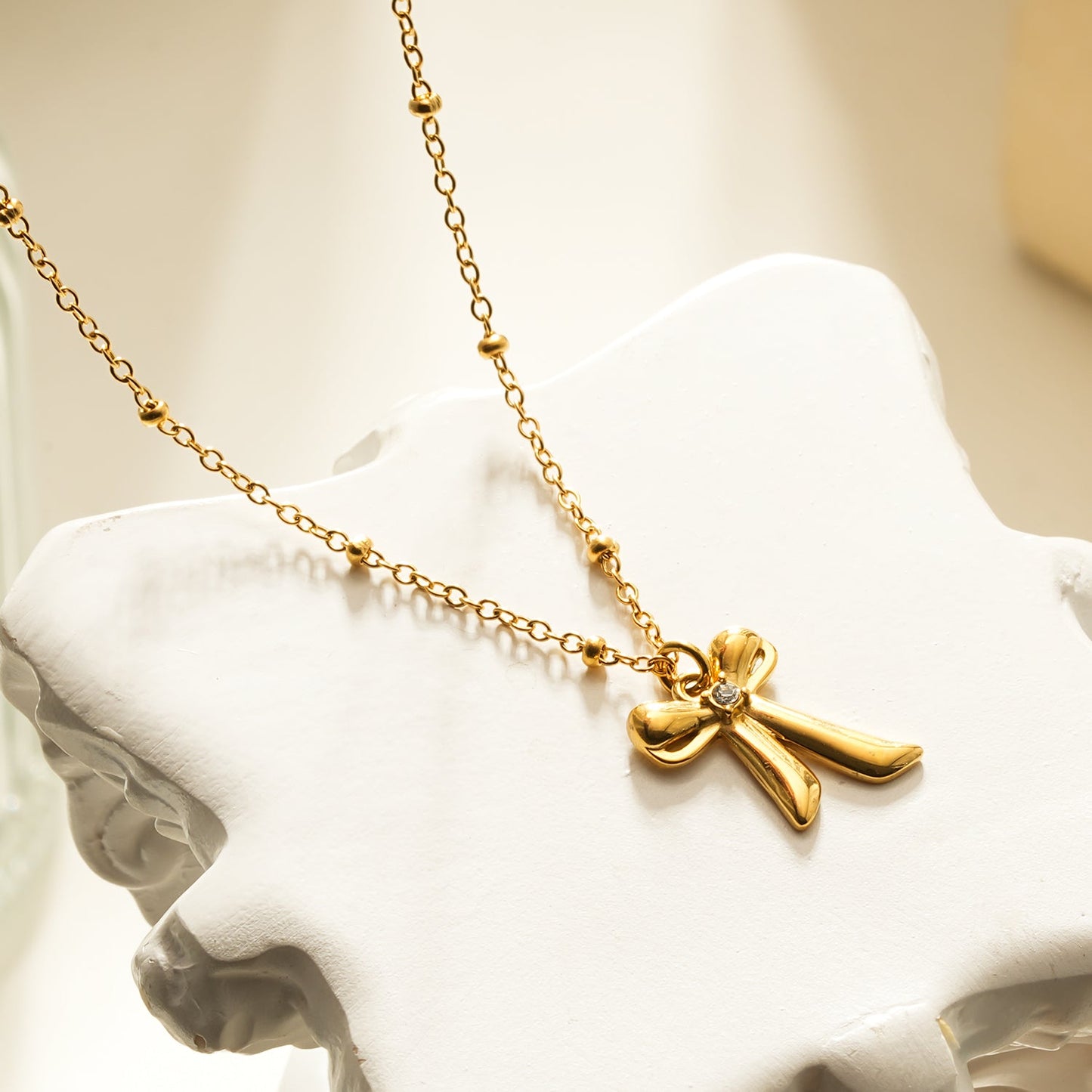 TALIANA Gold: Dainty Beaded Chain Necklace with Bow Pendant & Solitaire Zirconia – Elegant Everyday Jewelry