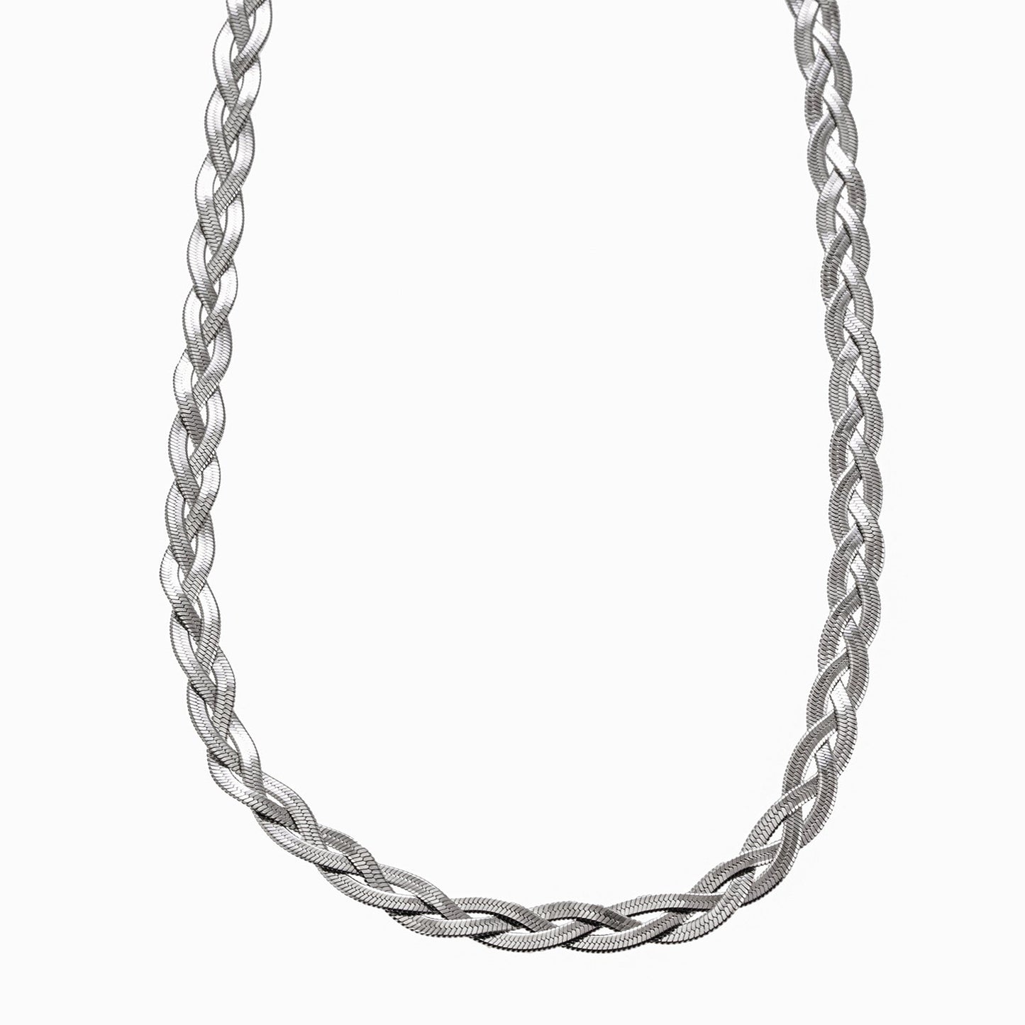 TARA White Gold (Silver Tones): Intertwined Herringbone Snake Skin Textured Necklace.