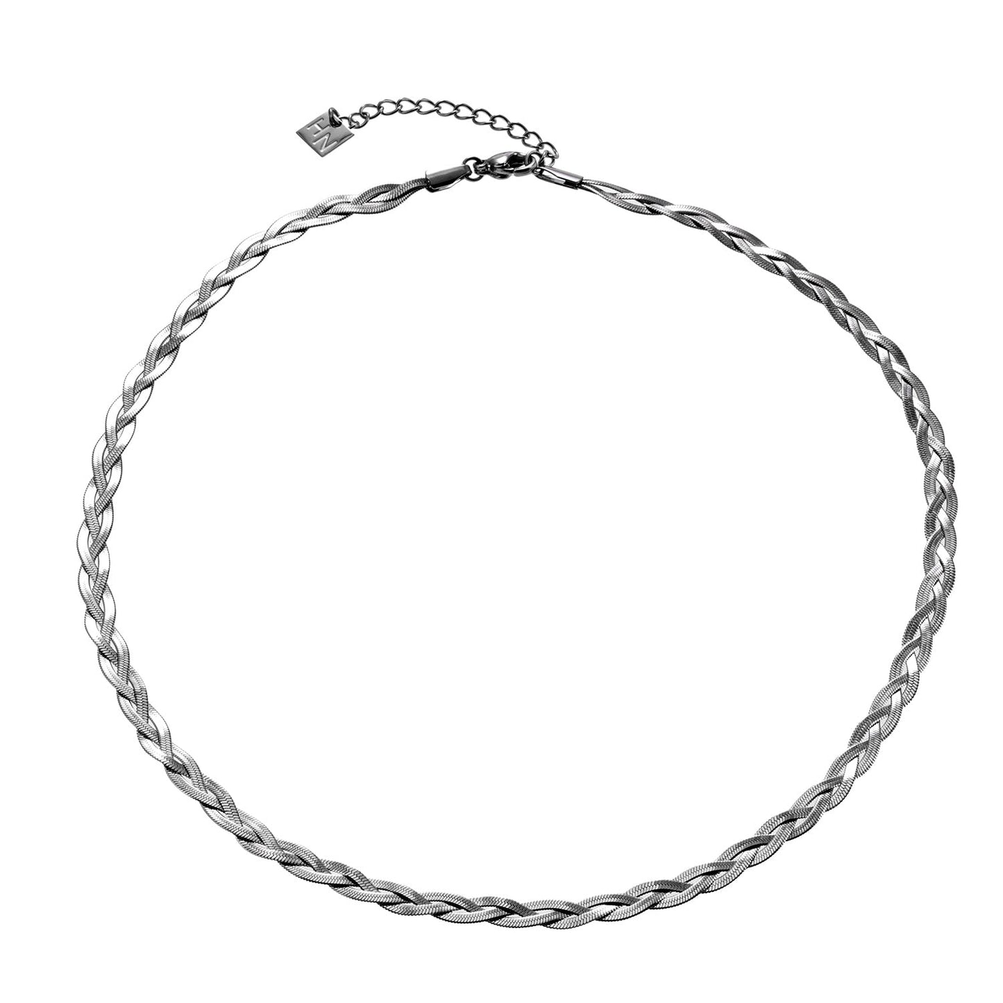 TARA White Gold (Silver Tones): Intertwined Herringbone Snake Skin Textured Necklace.