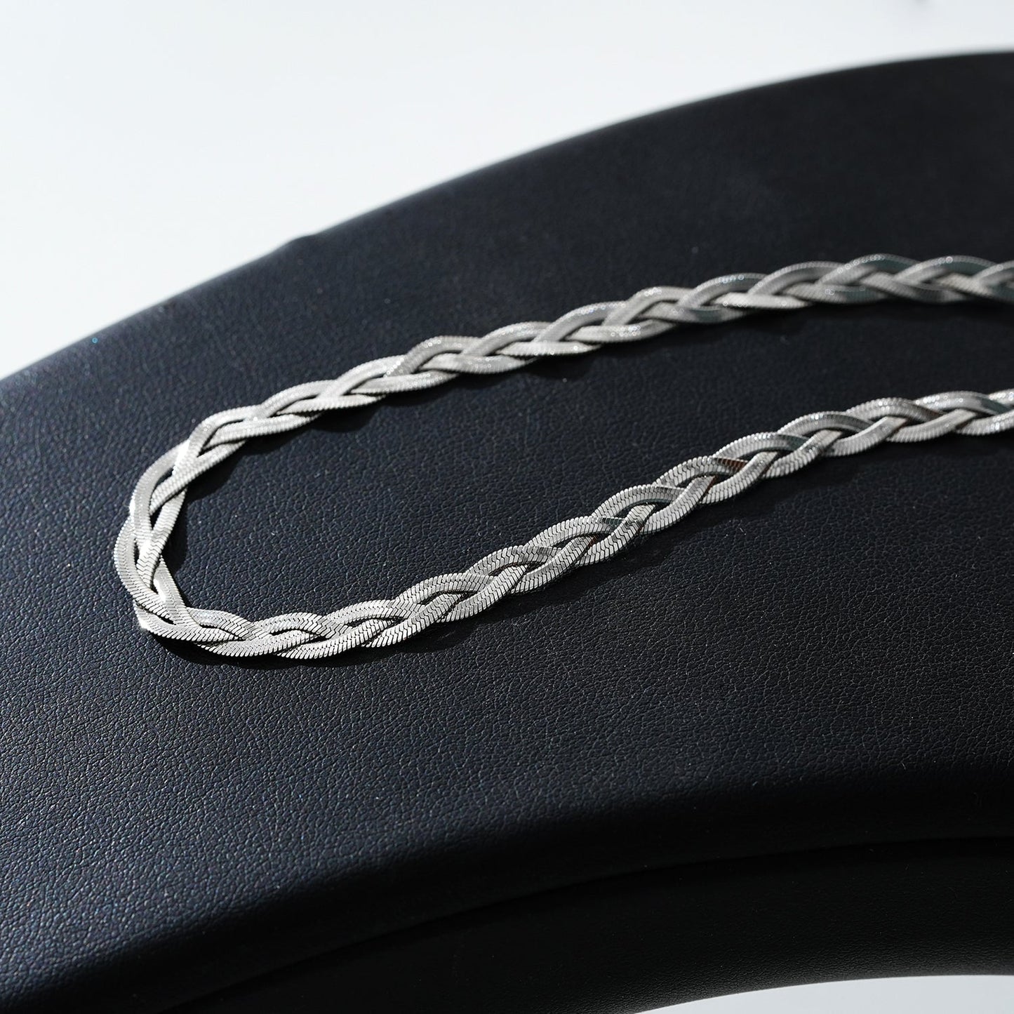 TARA White Gold (Silver Tones): Intertwined Herringbone Snake Skin Textured Necklace.