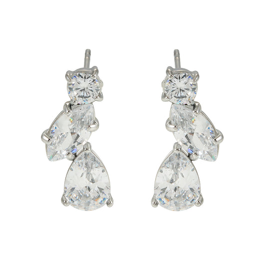 THEOLA: Radiance Triple Moissanite Stack Stud Earrings in Silver Toned White Gold