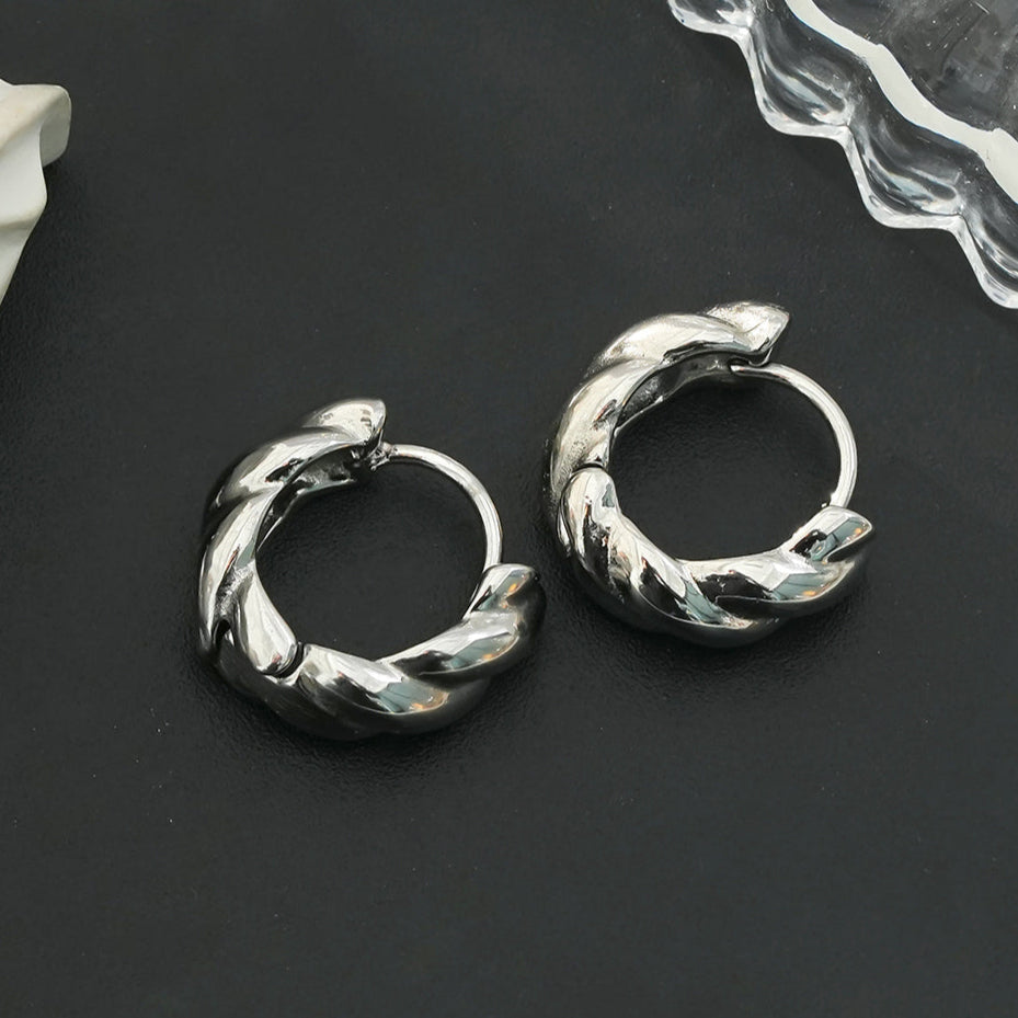 TYLA White Gold (Silver Tone): Textured Chiselled Finish - Chunky Mini Hoop Earrings