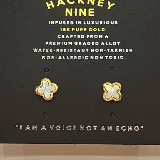 LAYLA Gold: Clover Shaped Stud Earrings in Natural Shell with a Gold Metal Border