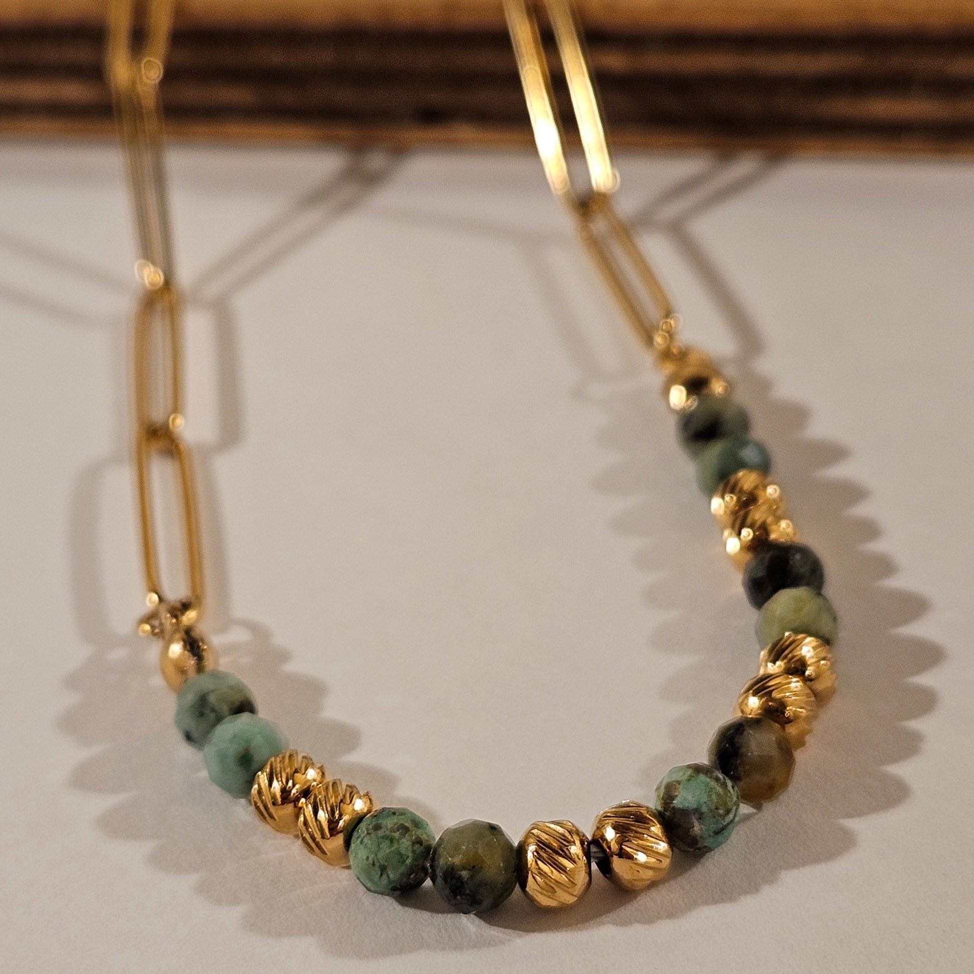 LAIMA: African Turquoise Stones & Gold Beaded Paper-Clip Chain Necklace