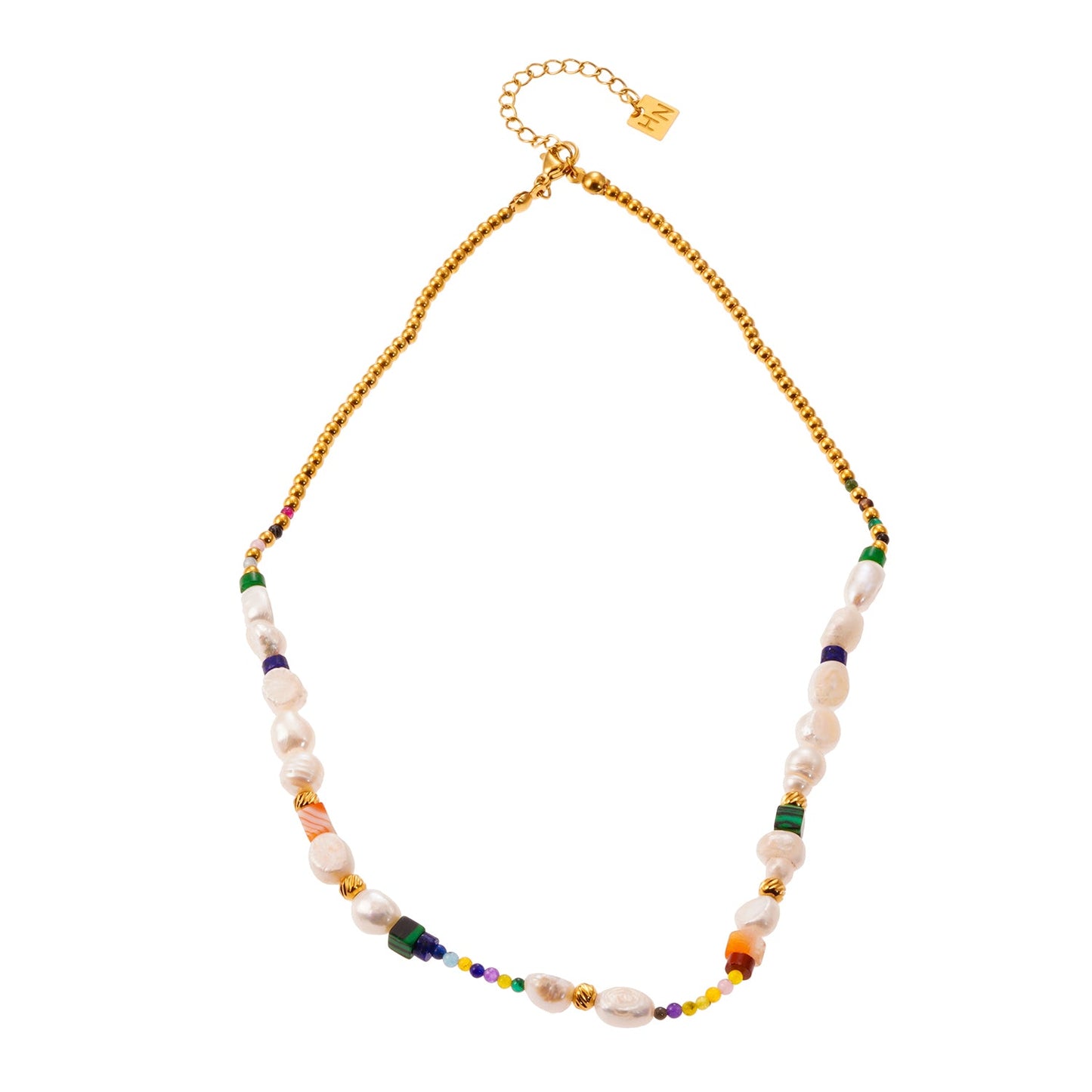 Style AMADIA 4663: Paradise Found - Colourful Necklace with Gold Beads, Natural Stones, and Freshwater Pearls.