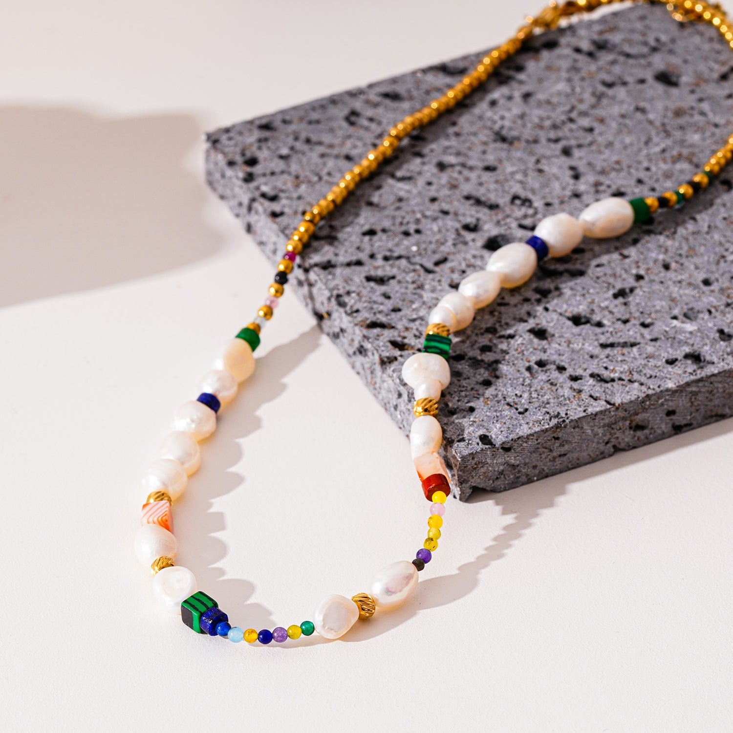 Style AMADIA 4663: Paradise Found - Colourful Necklace with Gold Beads, Natural Stones, and Freshwater Pearls.