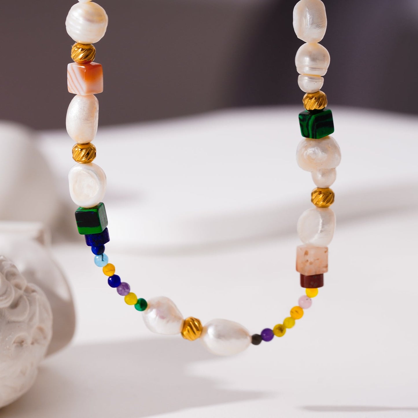 Style AMADIA 4663: Paradise Found - Colourful Necklace with Gold Beads, Natural Stones, and Freshwater Pearls.