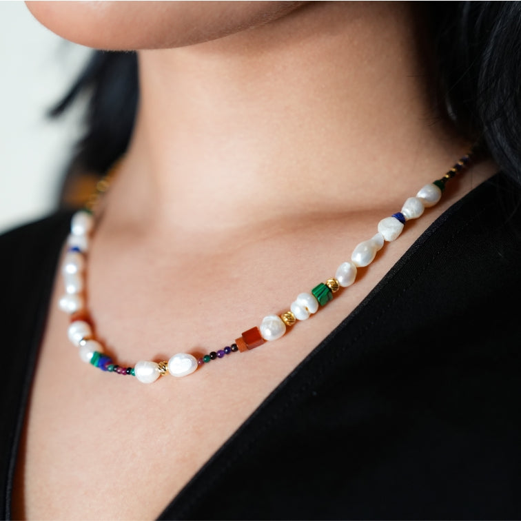 Style AMADIA 4663: Paradise Found - Colourful Necklace with Gold Beads, Natural Stones, and Freshwater Pearls.