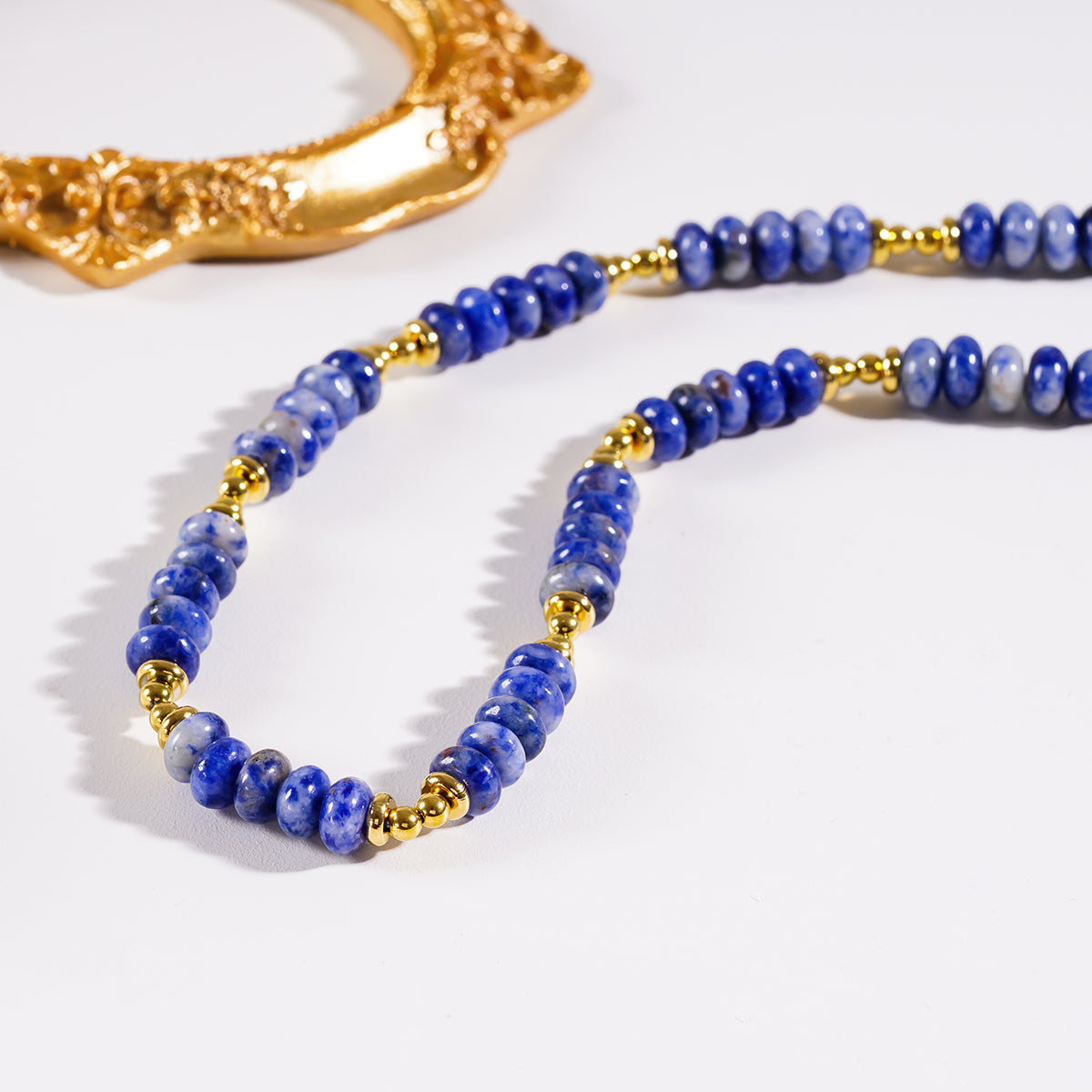 ANJA: Sodalite Stone & Gold Beaded Modern Boho Chain Necklace