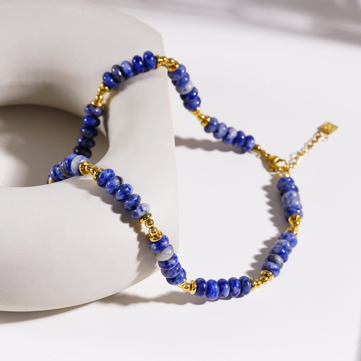 ANJA: Sodalite Stone & Gold Beaded Modern Boho Chain Necklace