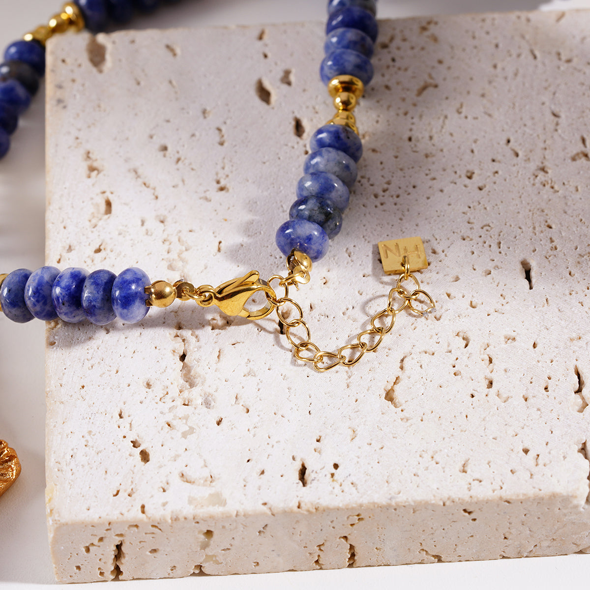 ANJA: Sodalite Stone & Gold Beaded Modern Boho Chain Necklace