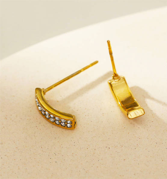 ASTRID: Minimalist Pavé Zirconia Curved Bar Stud Earrings Gold