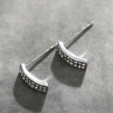 ASTRID: Minimalist Pavé Zirconia Curved Bar Stud Earrings Silver