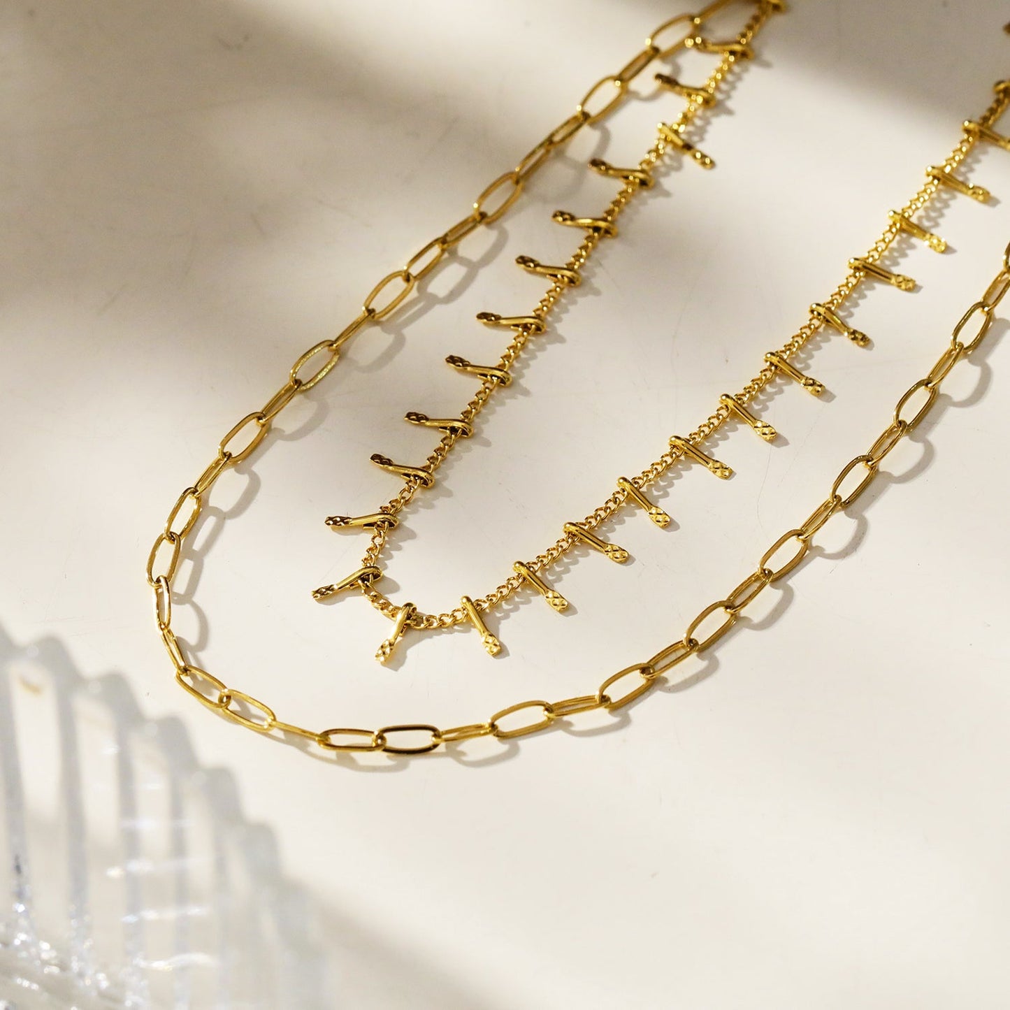 BRONTE:  Layered 2-Chain Necklace with Minimalist PaperClip Chain & Ornate Hook Chain