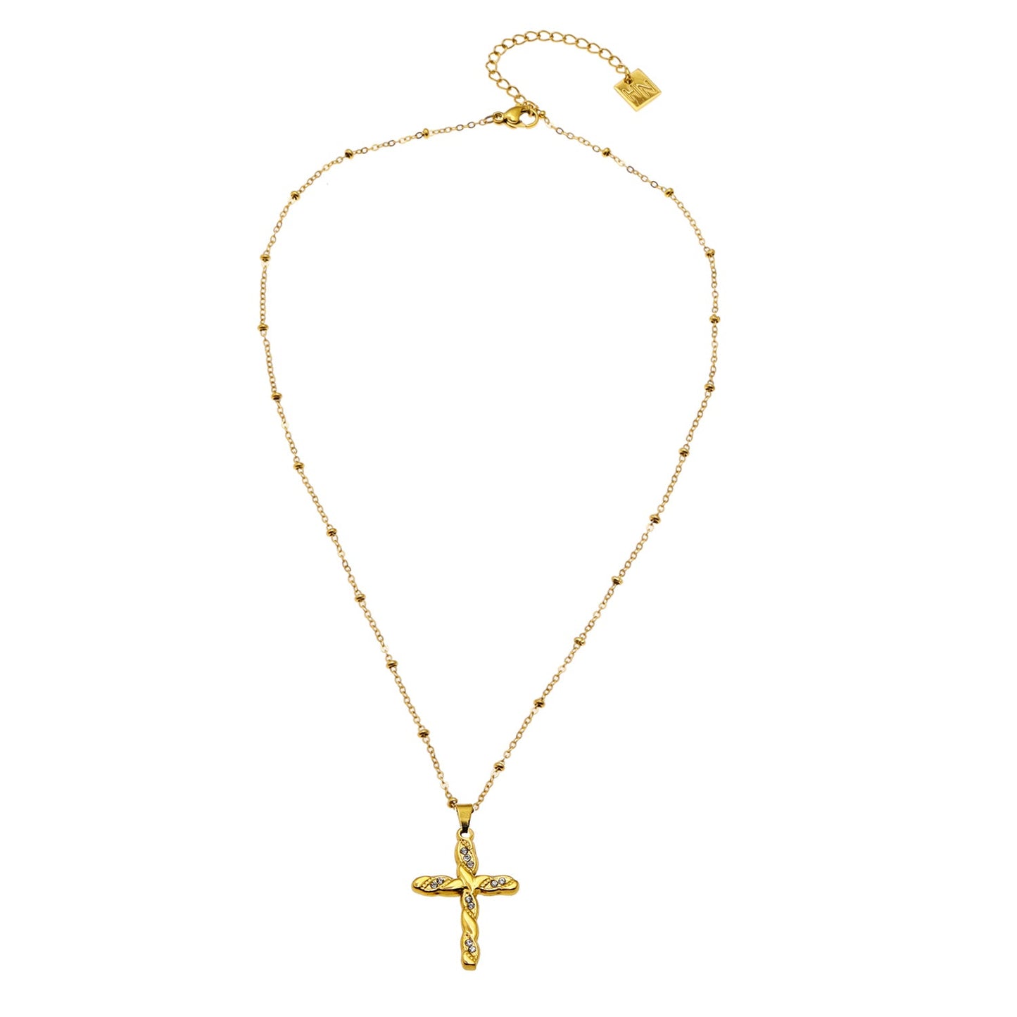 CHAMONIX: Dainty Beaded Chain Necklace with a Zirconia Embedded Textured Cross Pandent