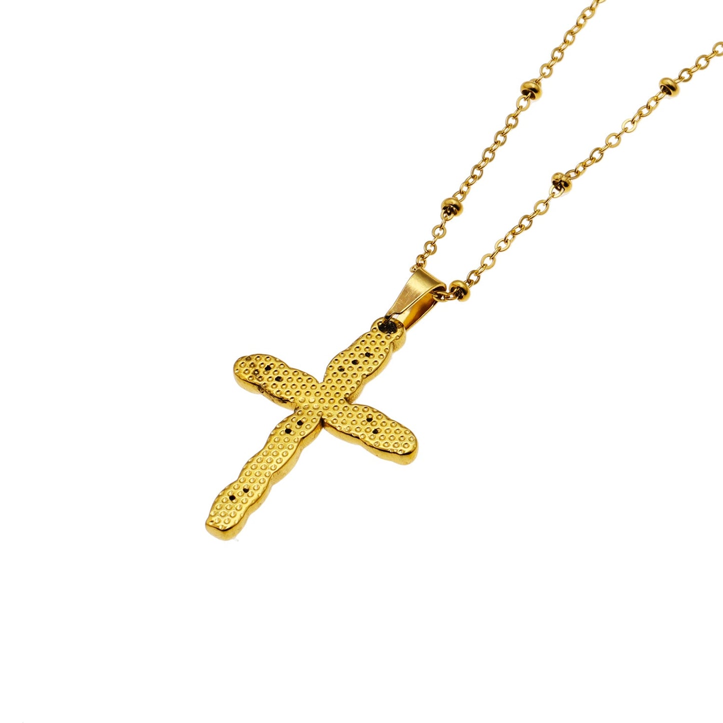 CHAMONIX: Dainty Beaded Chain Necklace with a Zirconia Embedded Textured Cross Pandent