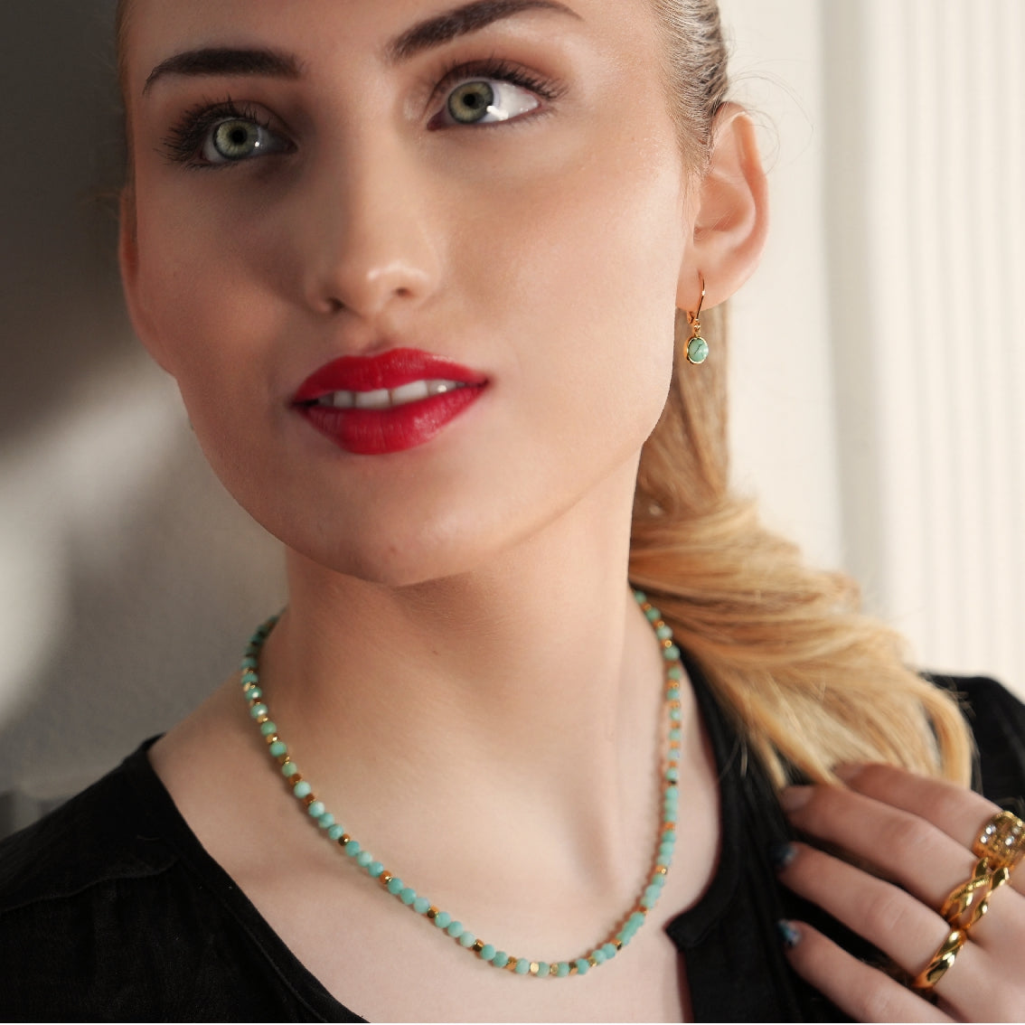 CONSTANCE: Amazonite Stones & Gold Beaded Necklace