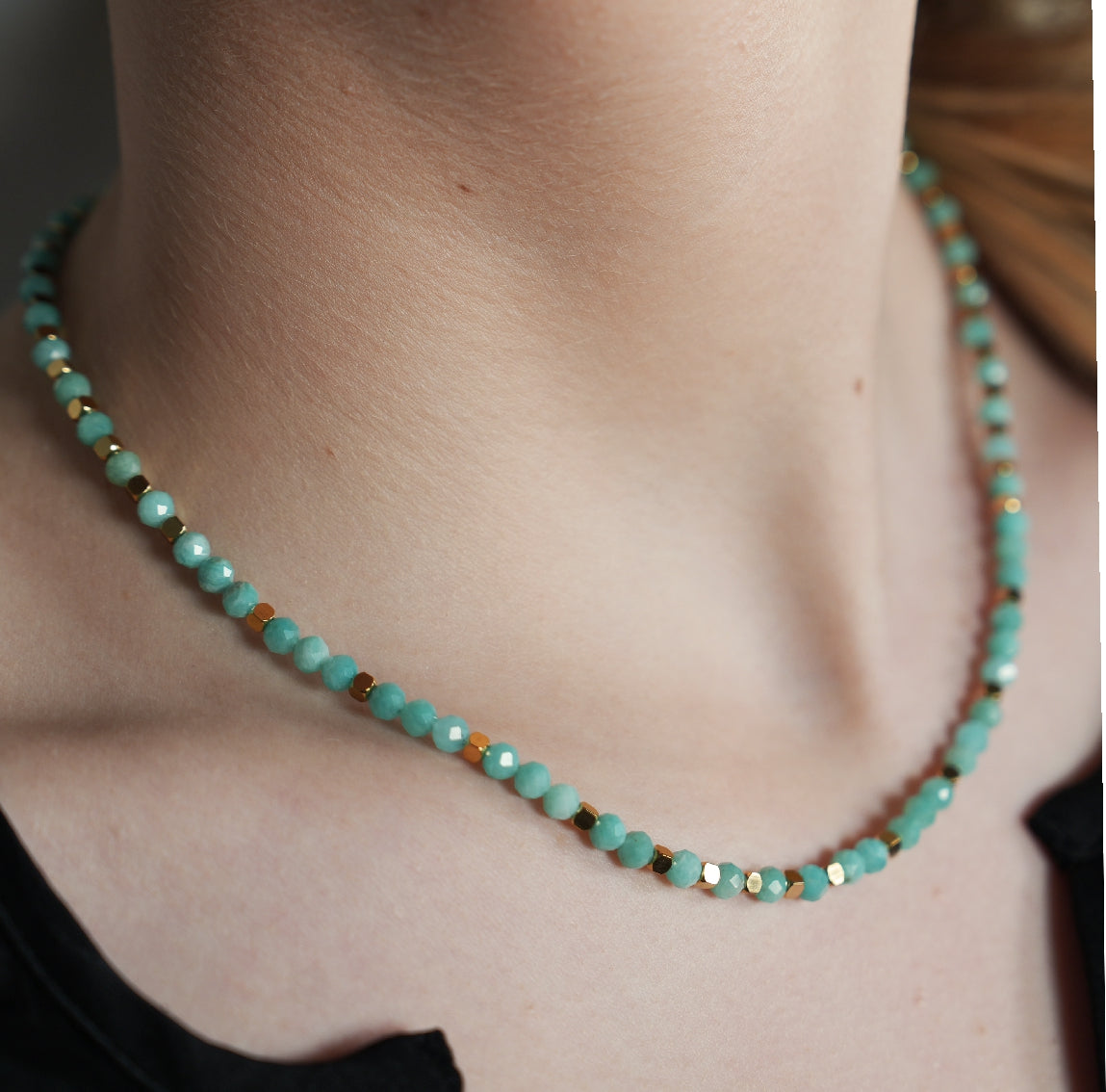 CONSTANCE: Amazonite Stones & Gold Beaded Necklace