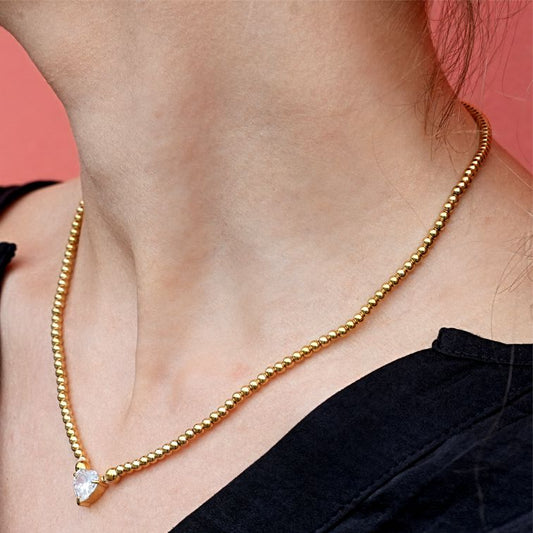 CROMER Zirconia Heart Pendant Ball-Bead Chain Necklace